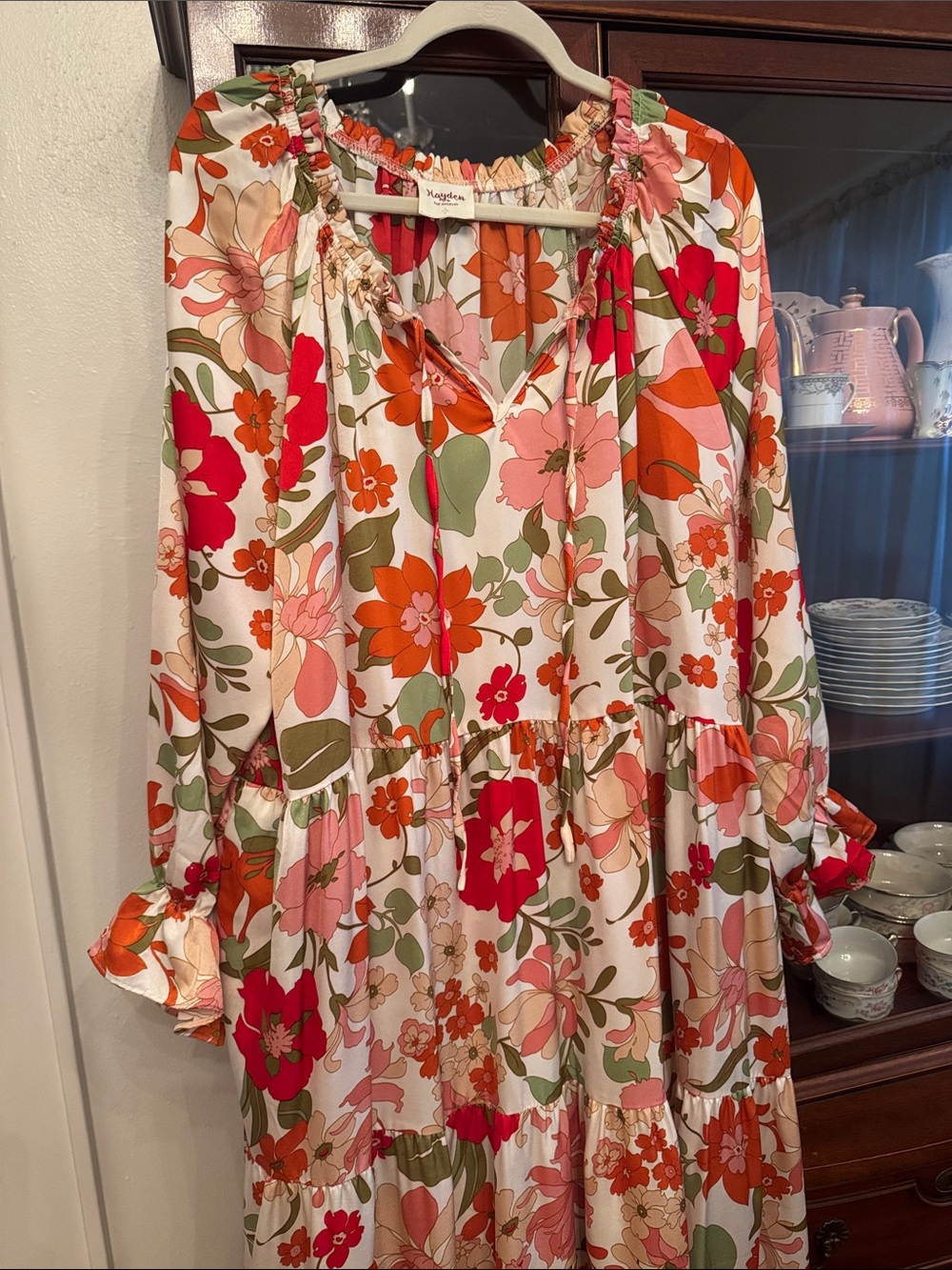 Hayden LA Satin Floral Tie Neck Tiered Maxi Dress - Picture 3 of 14